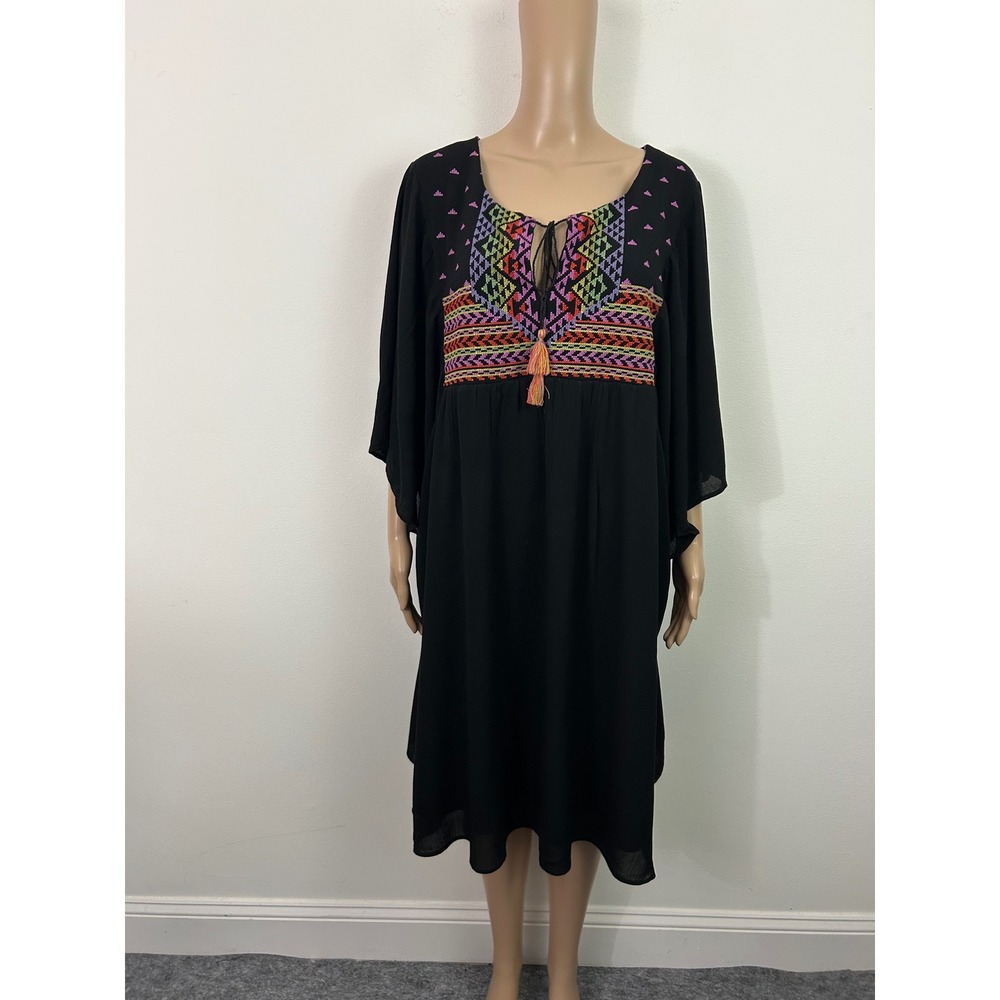 The Pyramid Collection Black Embroidered Boho Butterfly Sleeve Dress 1X Plus